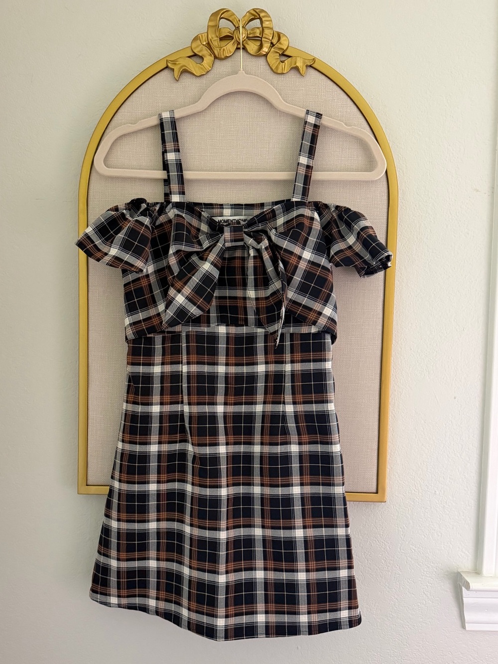 Plaid Off-Shoulder Dress with Bow